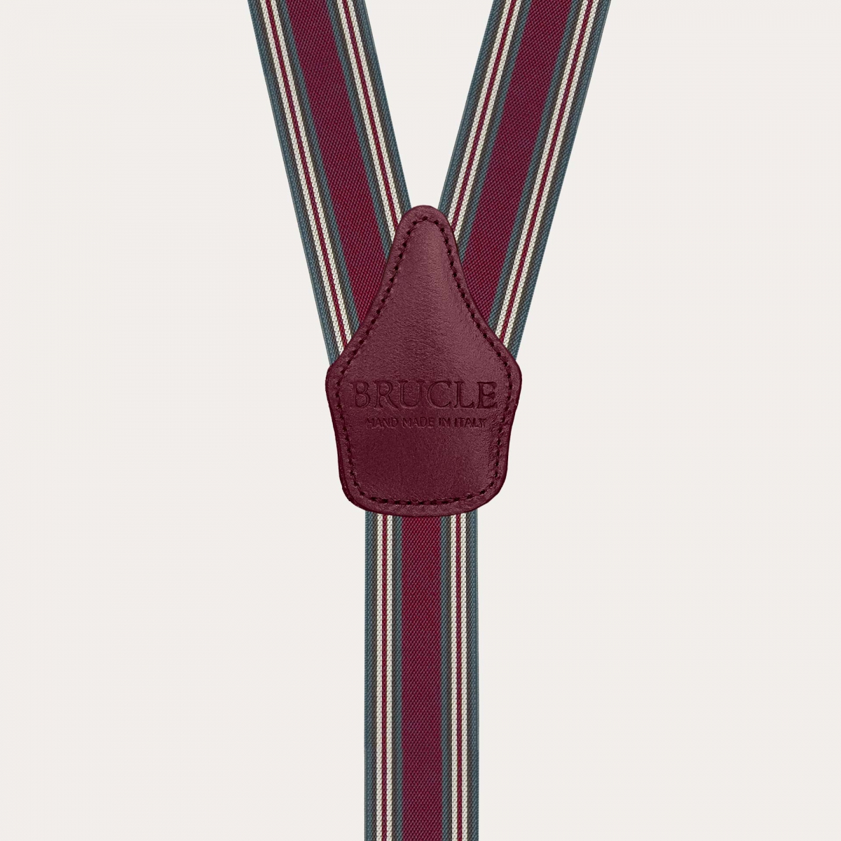 Burgundy striped men's suspenders with hand-colored leather