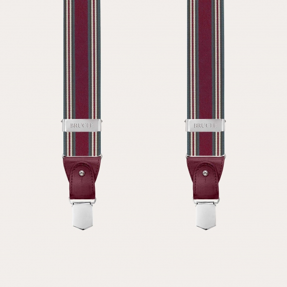 Burgundy striped men's suspenders with hand-colored leather