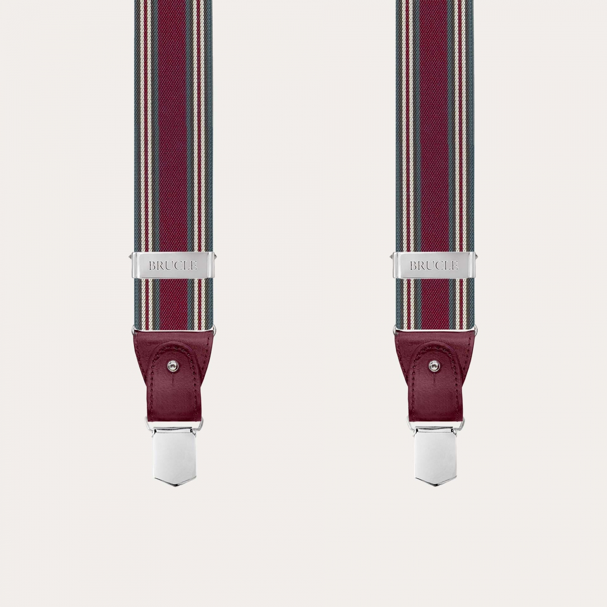 Burgundy striped men's suspenders with hand-colored leather