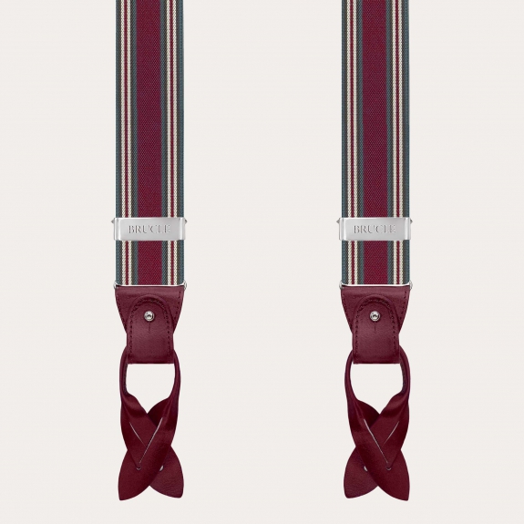 Burgundy striped men's suspenders with hand-colored leather