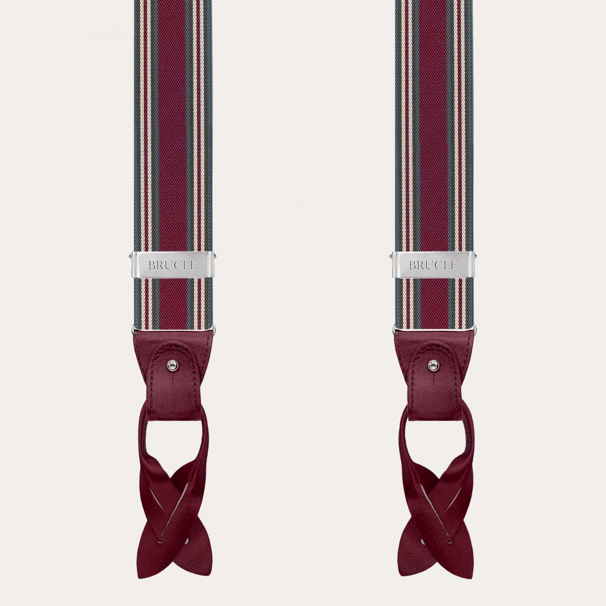 Burgundy striped men's suspenders with hand-colored leather