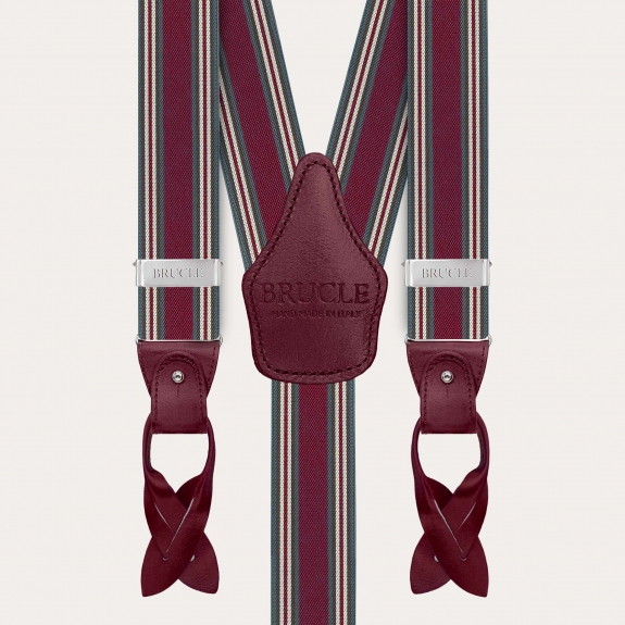 Burgundy striped men's suspenders with hand-colored leather