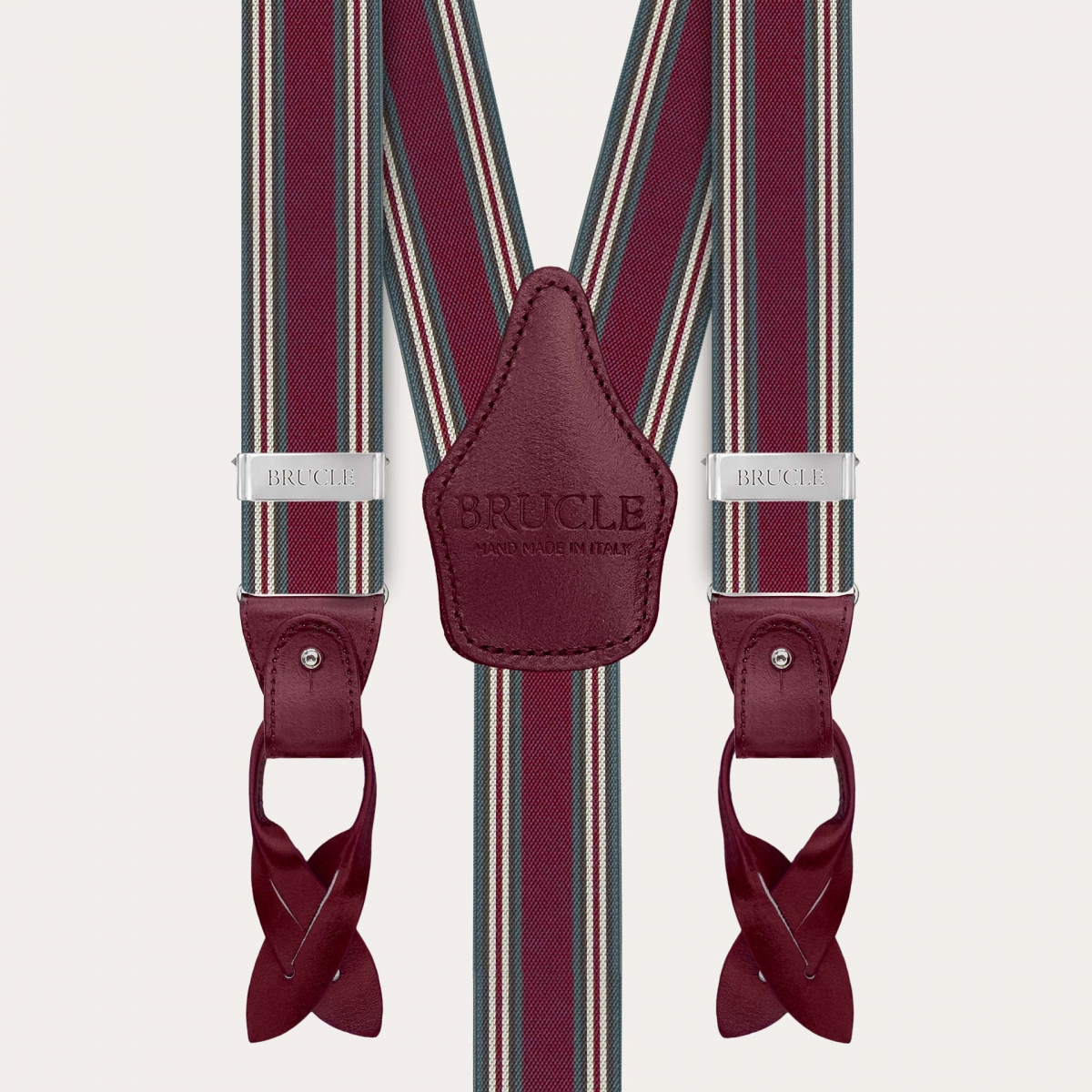 Bretelle uomo bordeaux a righe con pelle colorata a mano