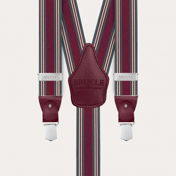 Burgundy striped men's suspenders with hand-colored leather