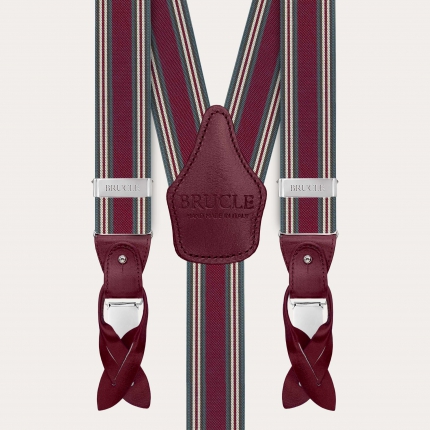 Burgundy striped men's suspenders with hand-colored leather