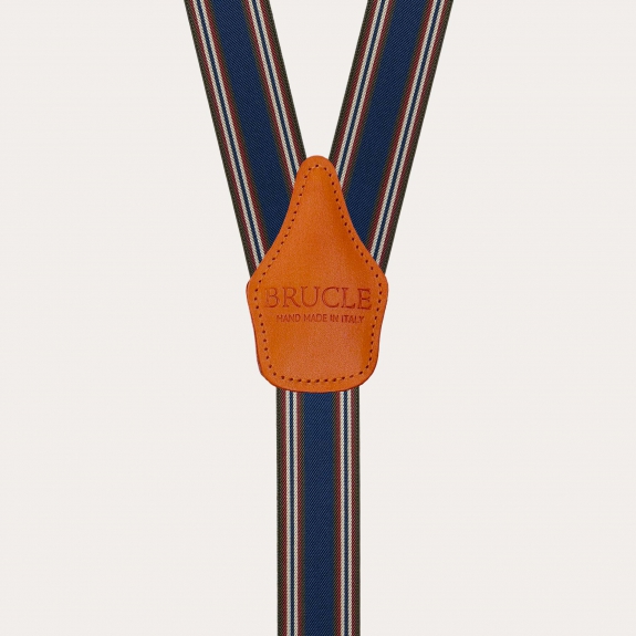 Men's suspenders in blue and orange stripes with hand-colored leather and nickel-free clips