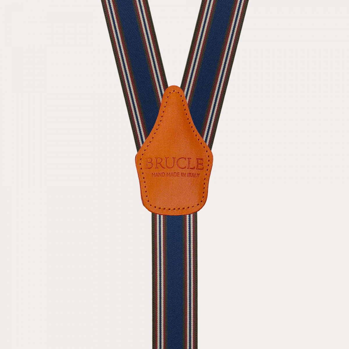 Men's suspenders in blue and orange stripes with hand-colored leather and nickel-free clips