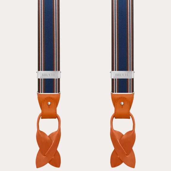 Men's suspenders in blue and orange stripes with hand-colored leather and nickel-free clips