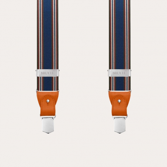 Men's suspenders in blue and orange stripes with hand-colored leather and nickel-free clips