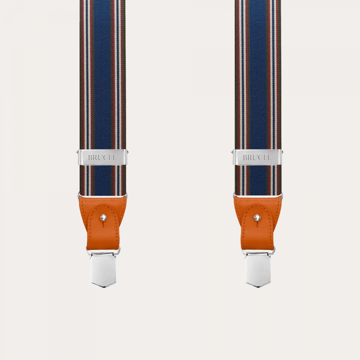 Men's suspenders in blue and orange stripes with hand-colored leather and nickel-free clips