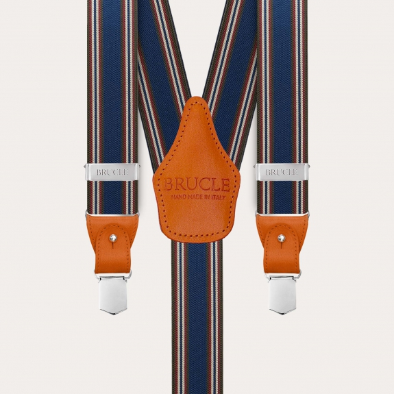 Men's suspenders in blue and orange stripes with hand-colored leather and nickel-free clips