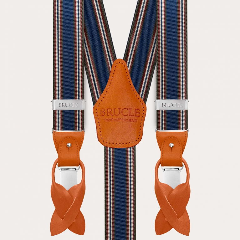 Herrenhosenträger in blau und orange gestreift mit handgefärbtem Leder und nickelfreien Clips