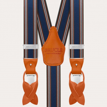 Herrenhosenträger in blau und orange gestreift mit handgefärbtem Leder und nickelfreien Clips