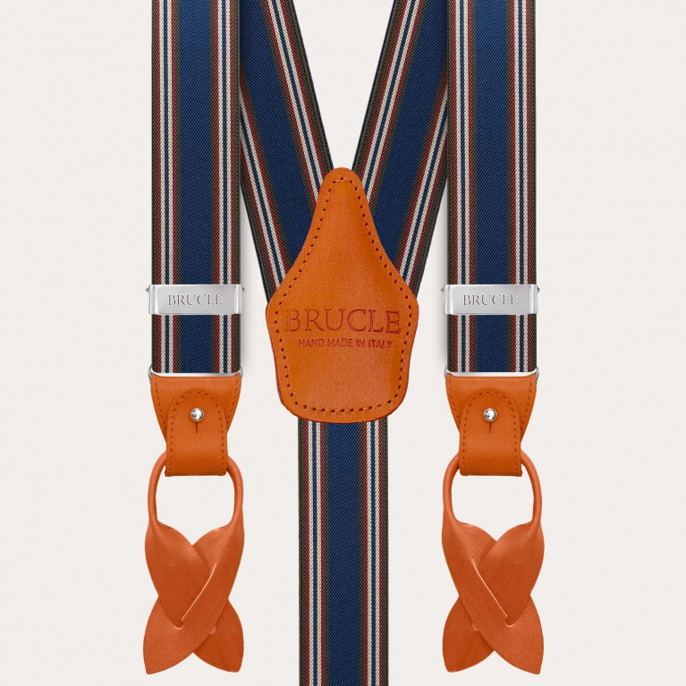 Herrenhosenträger in blau und orange gestreift mit handgefärbtem Leder und nickelfreien Clips