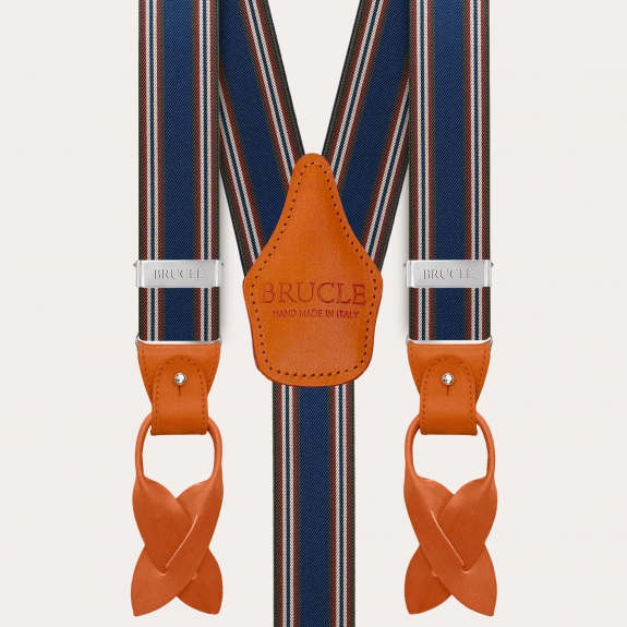 Herrenhosenträger in blau und orange gestreift mit handgefärbtem Leder und nickelfreien Clips