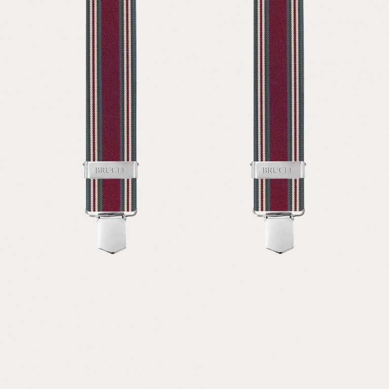 Burgundy suspenders with vertical stripes and clips