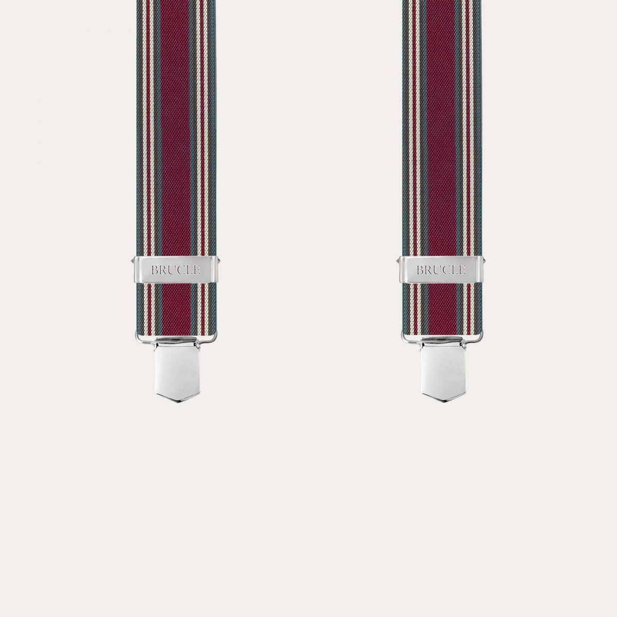 Burgundy suspenders with vertical stripes and clips