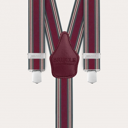 Burgundy suspenders with vertical stripes and clips