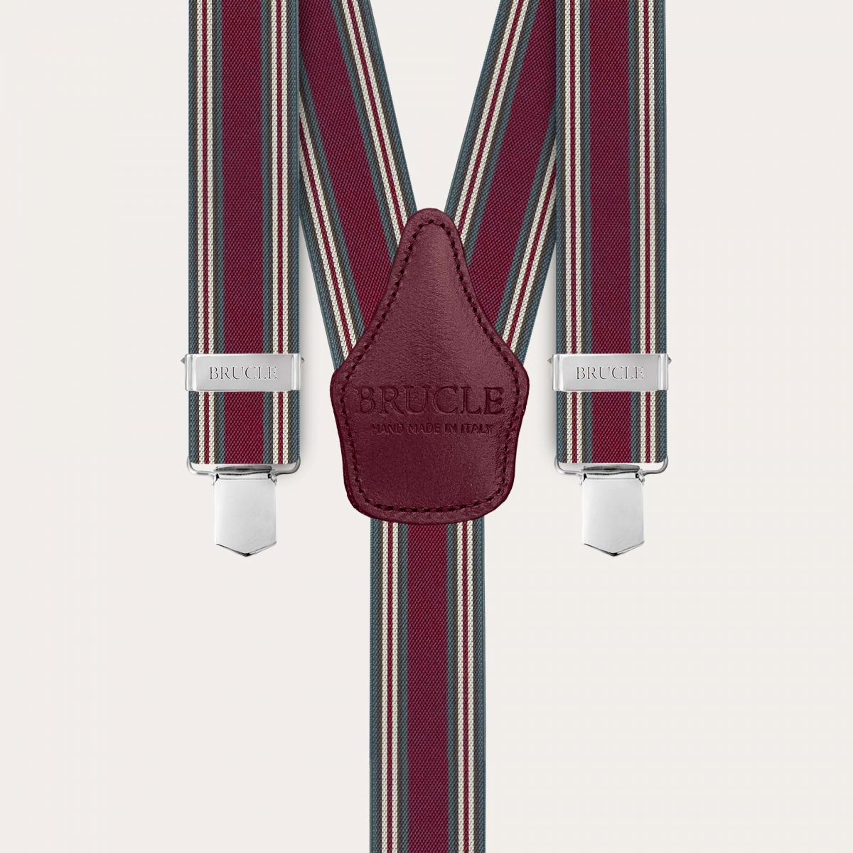 Burgundy suspenders with vertical stripes and clips