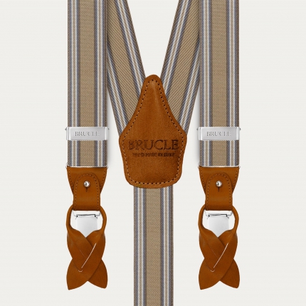 Beige striped suspenders for clips or buttons