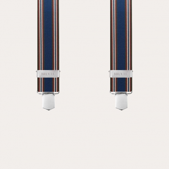 Blue and orange striped elastic suspenders with hand-colored leather