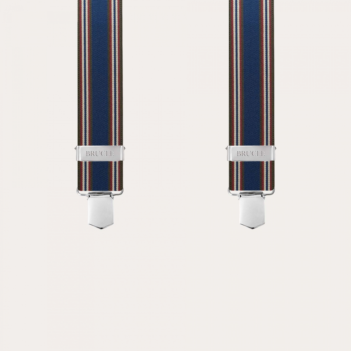 Blue and orange striped elastic suspenders with hand-colored leather