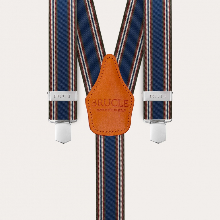 Blue and orange striped elastic suspenders with hand-colored leather