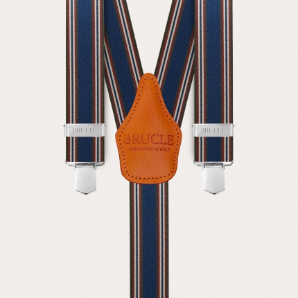 Blue and orange striped elastic suspenders with hand-colored leather