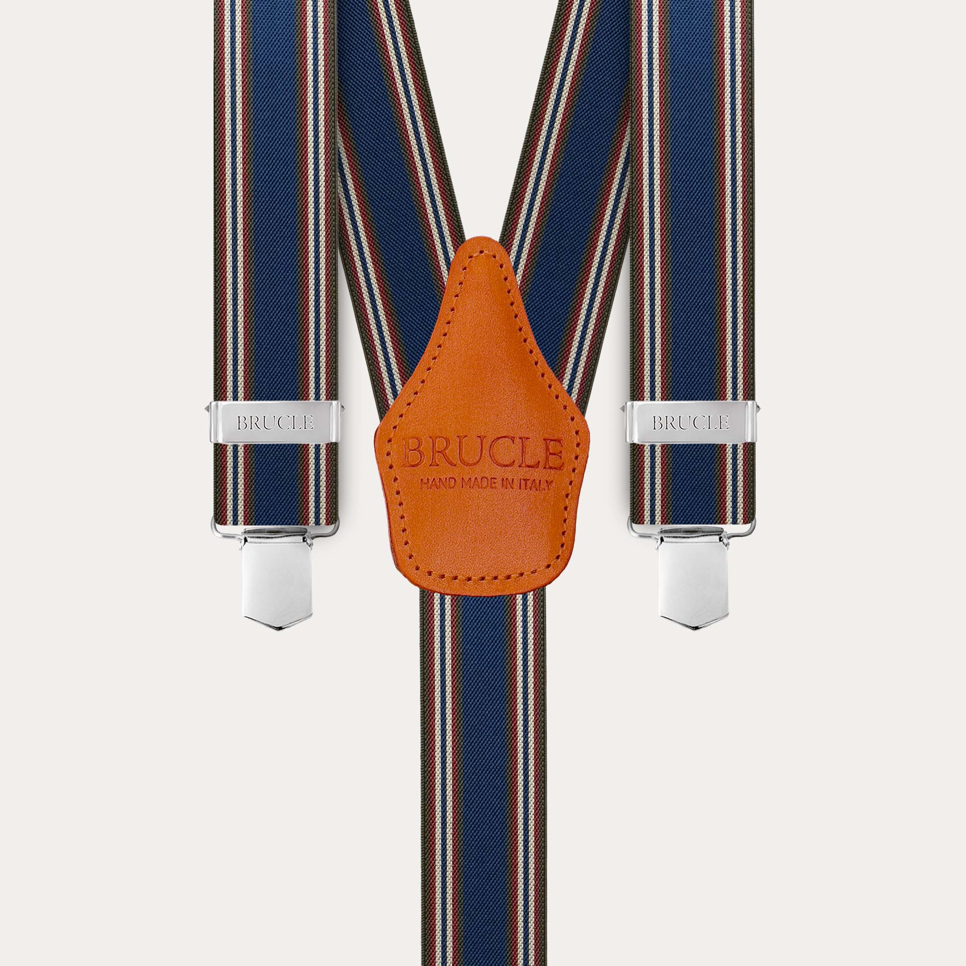 Blue and orange striped elastic suspenders with hand-colored leather