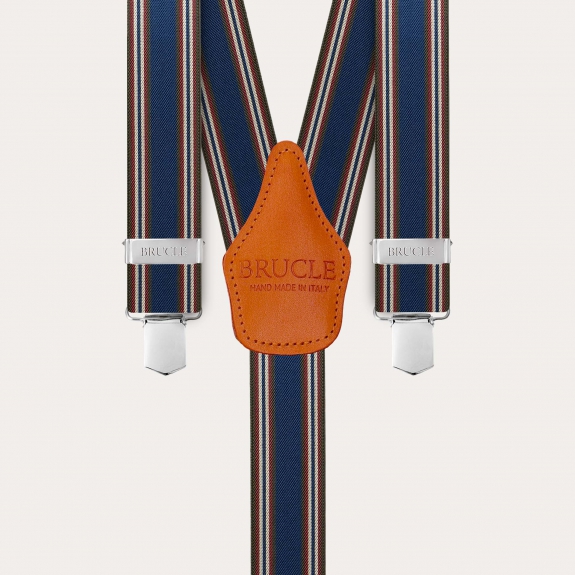 Blue and orange striped elastic suspenders with hand-colored leather