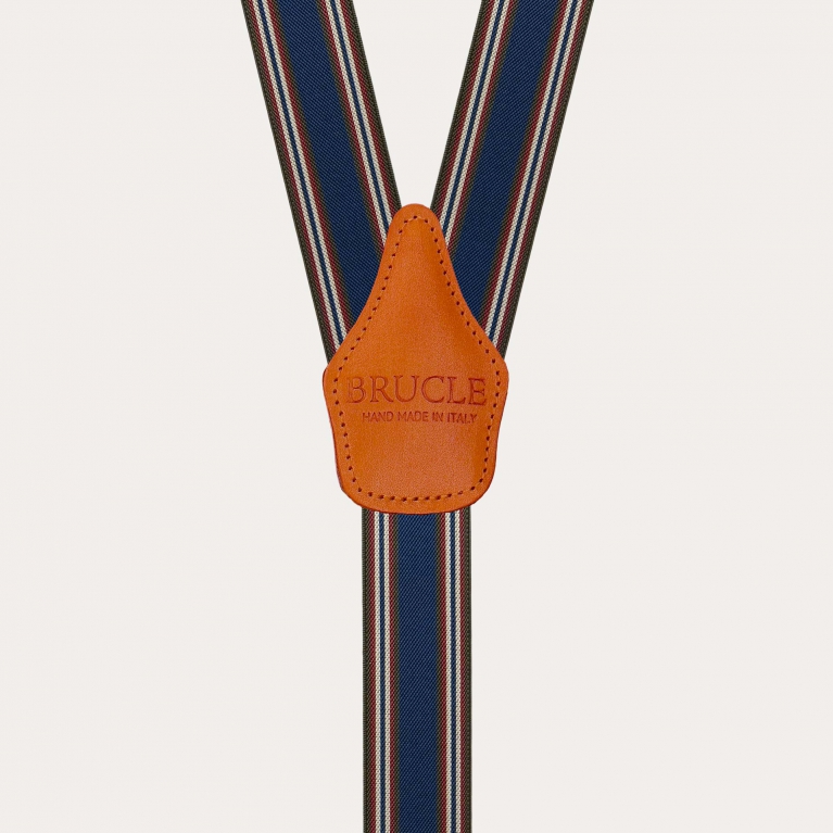 Blue and orange striped elastic suspenders with hand-colored leather