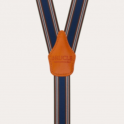 Blue and orange striped elastic suspenders with hand-colored leather