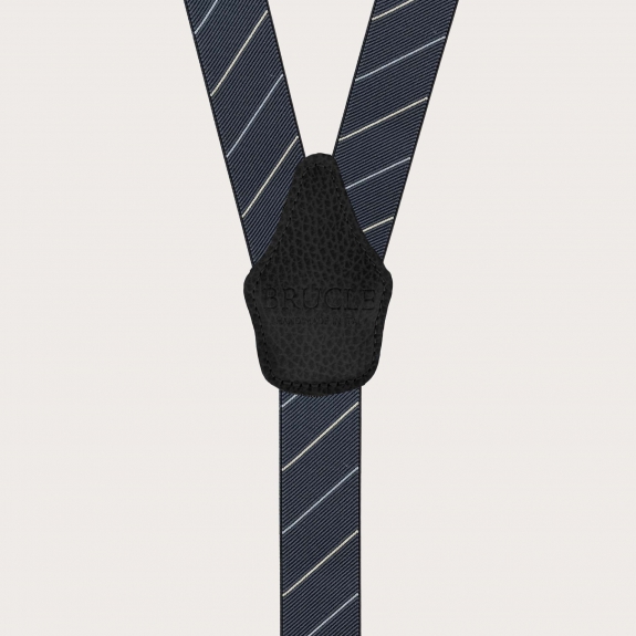 Elegant black regimental suspenders with oblique stripes, clip fastening only.