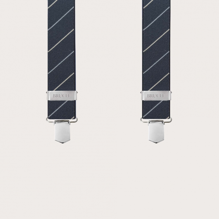 Elegant black regimental suspenders with oblique stripes, clip fastening only.