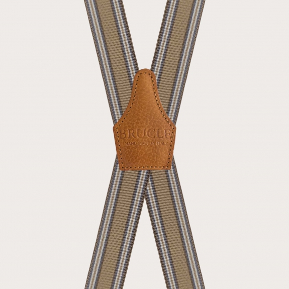 Striped beige suspenders with clip fastening and 4 braces