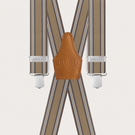 Striped beige suspenders with clip fastening and 4 braces