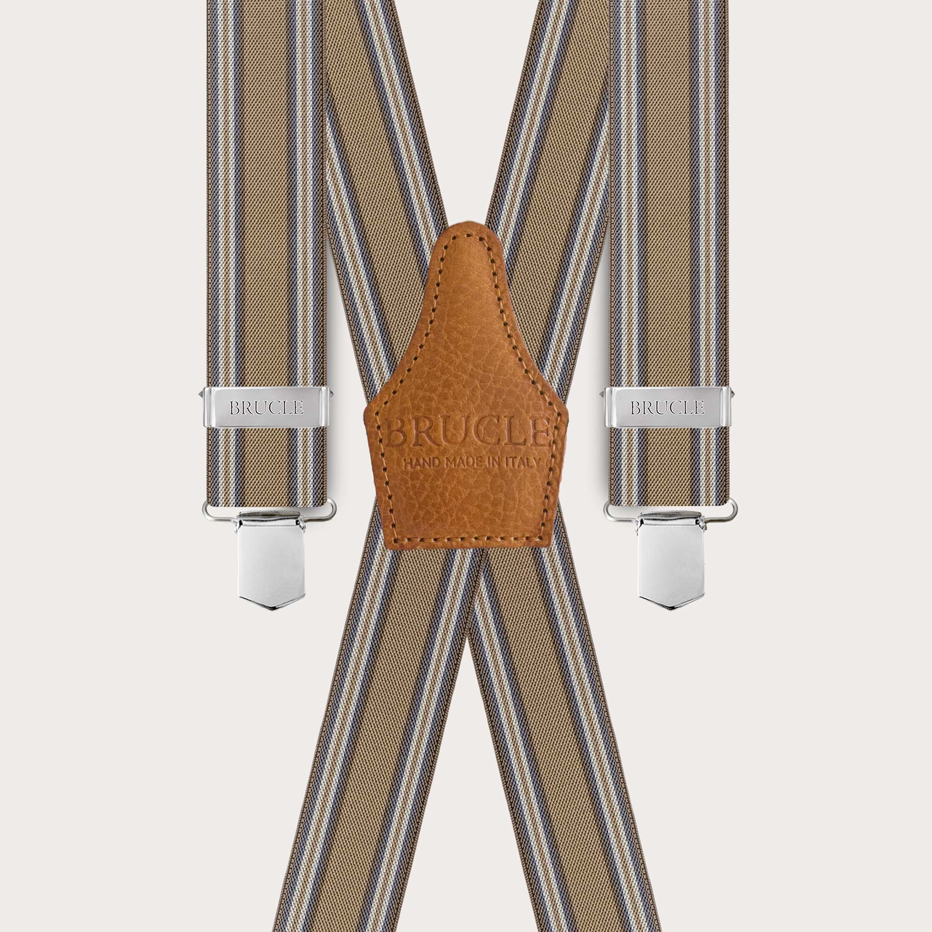 Striped beige suspenders with clip fastening and 4 braces