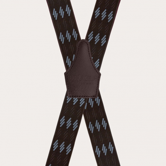 Wide brown suspenders with blue stripes, 4 braces, and clips