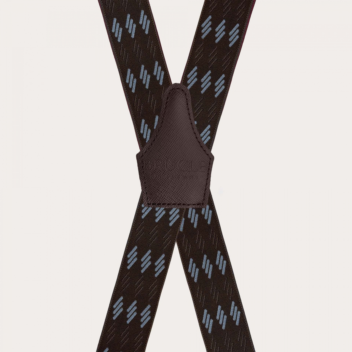 Wide brown suspenders with blue stripes, 4 braces, and clips