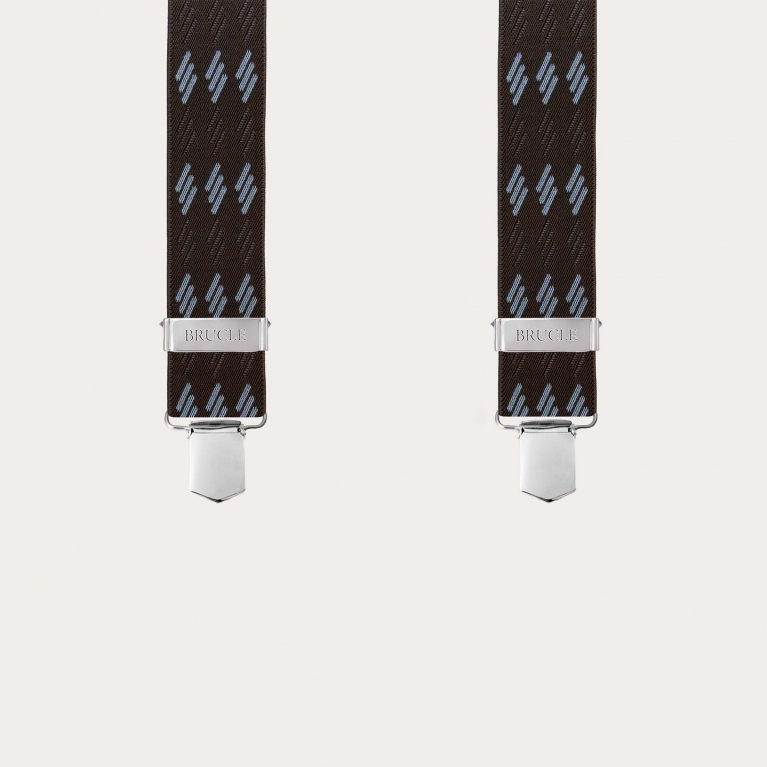 Wide brown suspenders with blue stripes, 4 braces, and clips