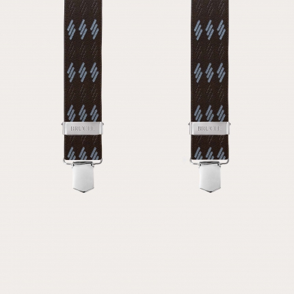 Wide brown suspenders with blue stripes, 4 braces, and clips