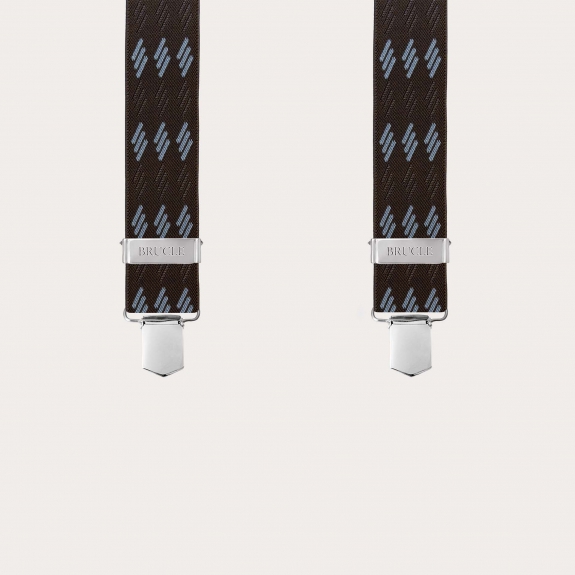 Wide brown suspenders with blue stripes, 4 braces, and clips