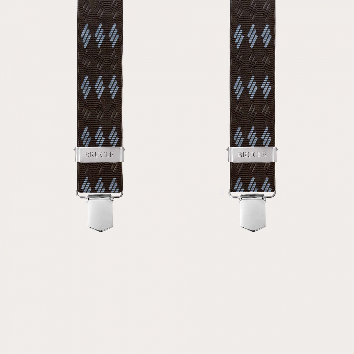 Wide brown suspenders with blue stripes, 4 braces, and clips