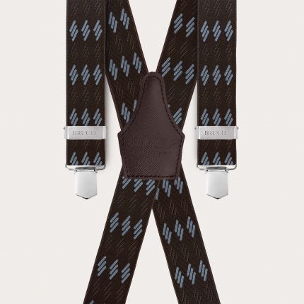 Wide brown suspenders with blue stripes, 4 braces, and clips