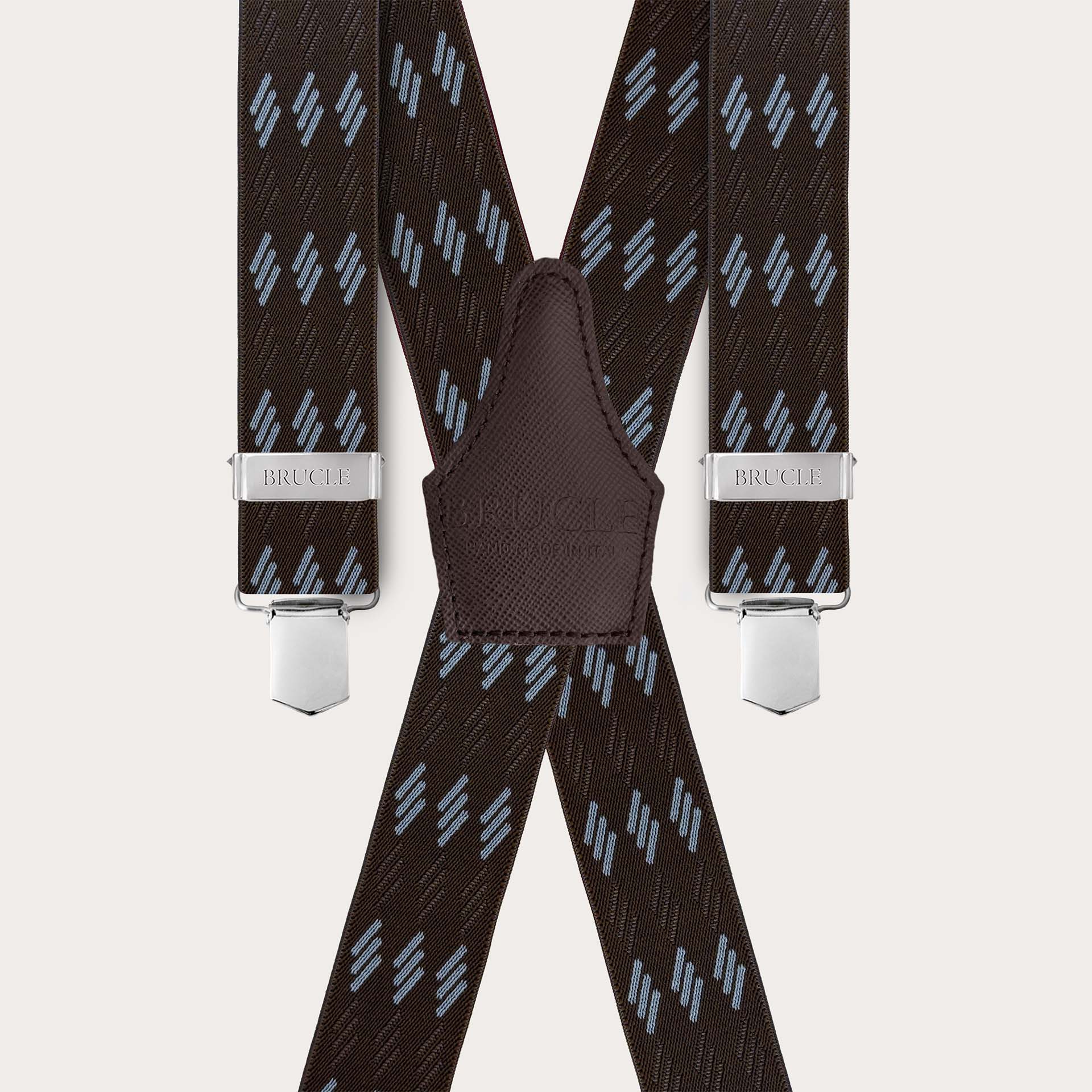 Wide brown suspenders with blue stripes, 4 braces, and clips