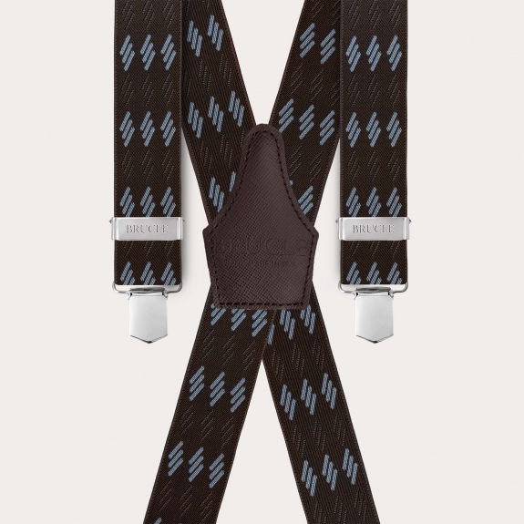 Wide brown suspenders with blue stripes, 4 braces, and clips