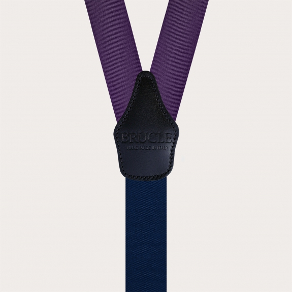 Purple silk men's suspenders with gold metal parts for clips or buttons.