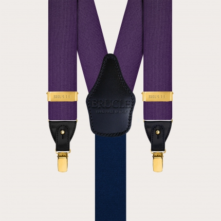 Purple silk men's suspenders with gold metal parts for clips or buttons.