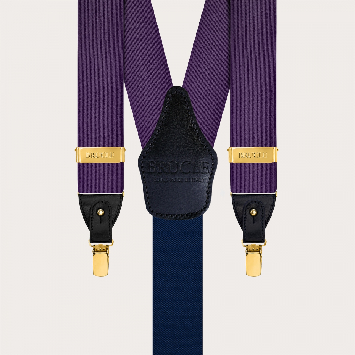 Purple silk men's suspenders with gold metal parts for clips or buttons.