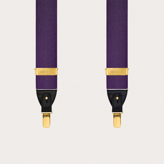 Purple silk men's suspenders with gold metal parts for clips or buttons.